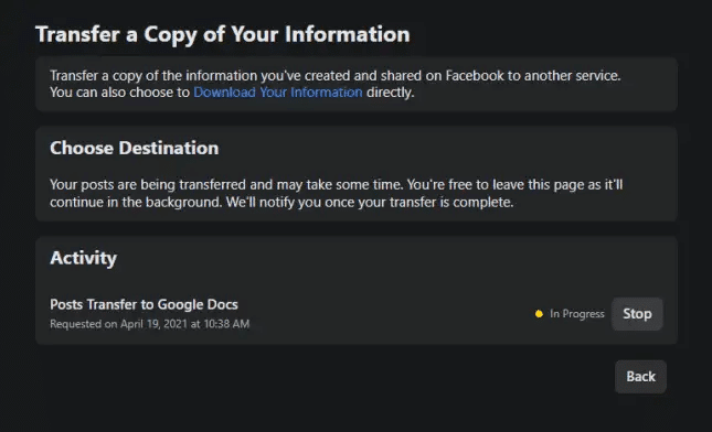 Facebook Post Transfer to Google Docs — In Progress