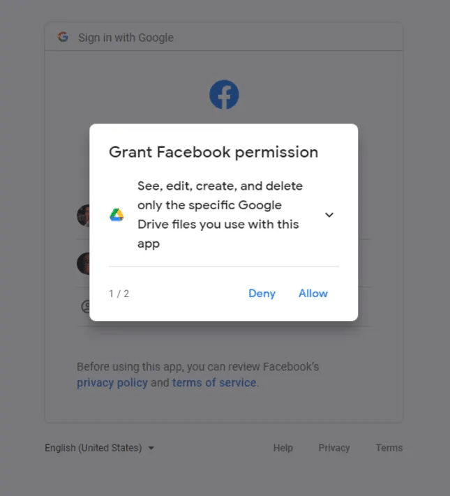 Grant permissions to Facebook to export posts into google drive